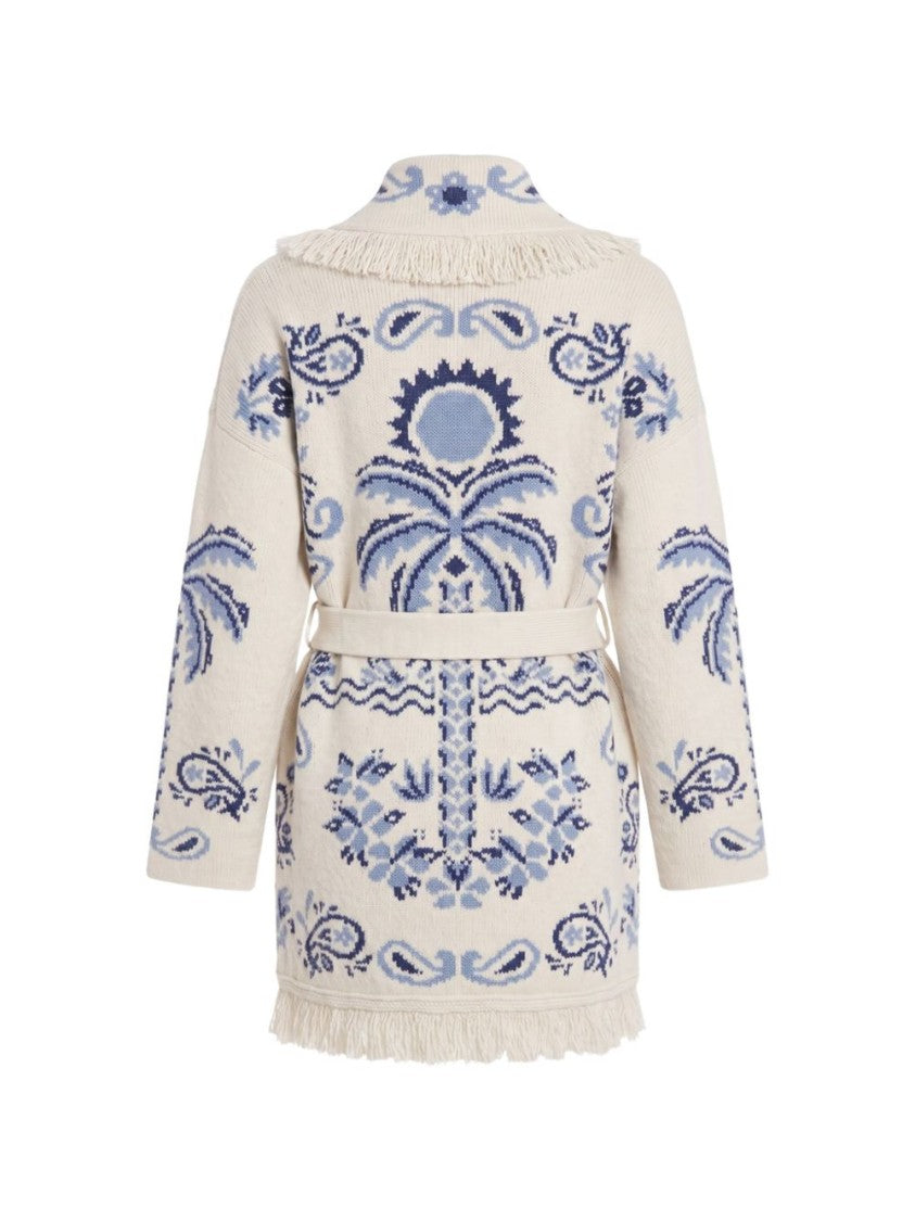 Alanui Floral Shawl Collar Belted Knit Sweater