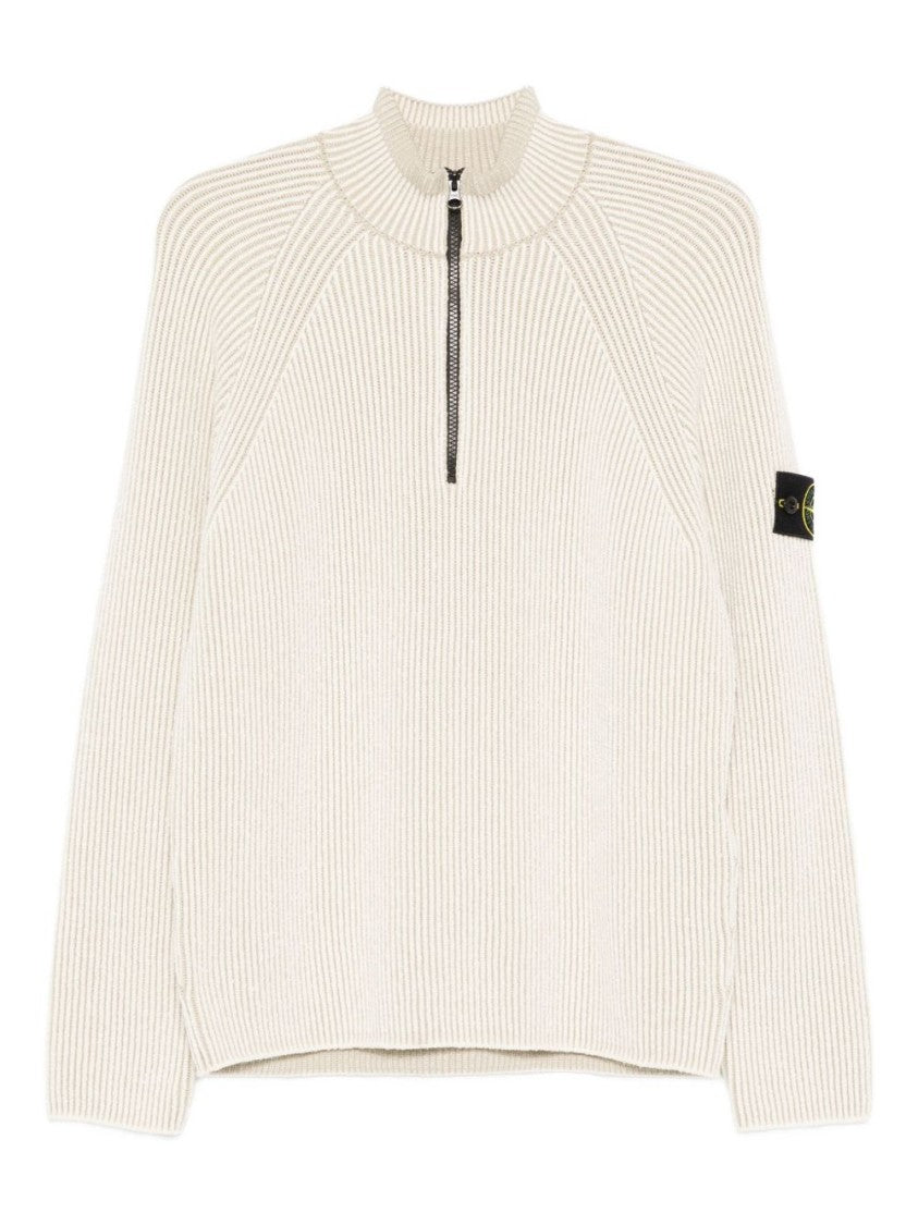 Stone Island Ribbed Half-Zip Sweater In Avorio