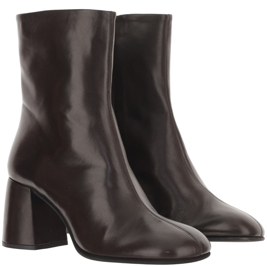 Poeve Brown Round Toe Block Heel Leather Ankle Boots