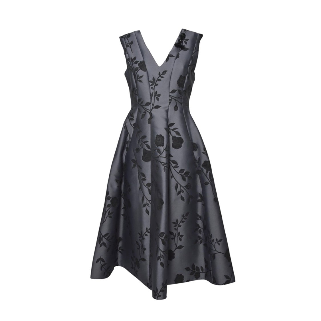 Max Mara Deep V-Neck Flared Evening Dress With Floral Embroidery