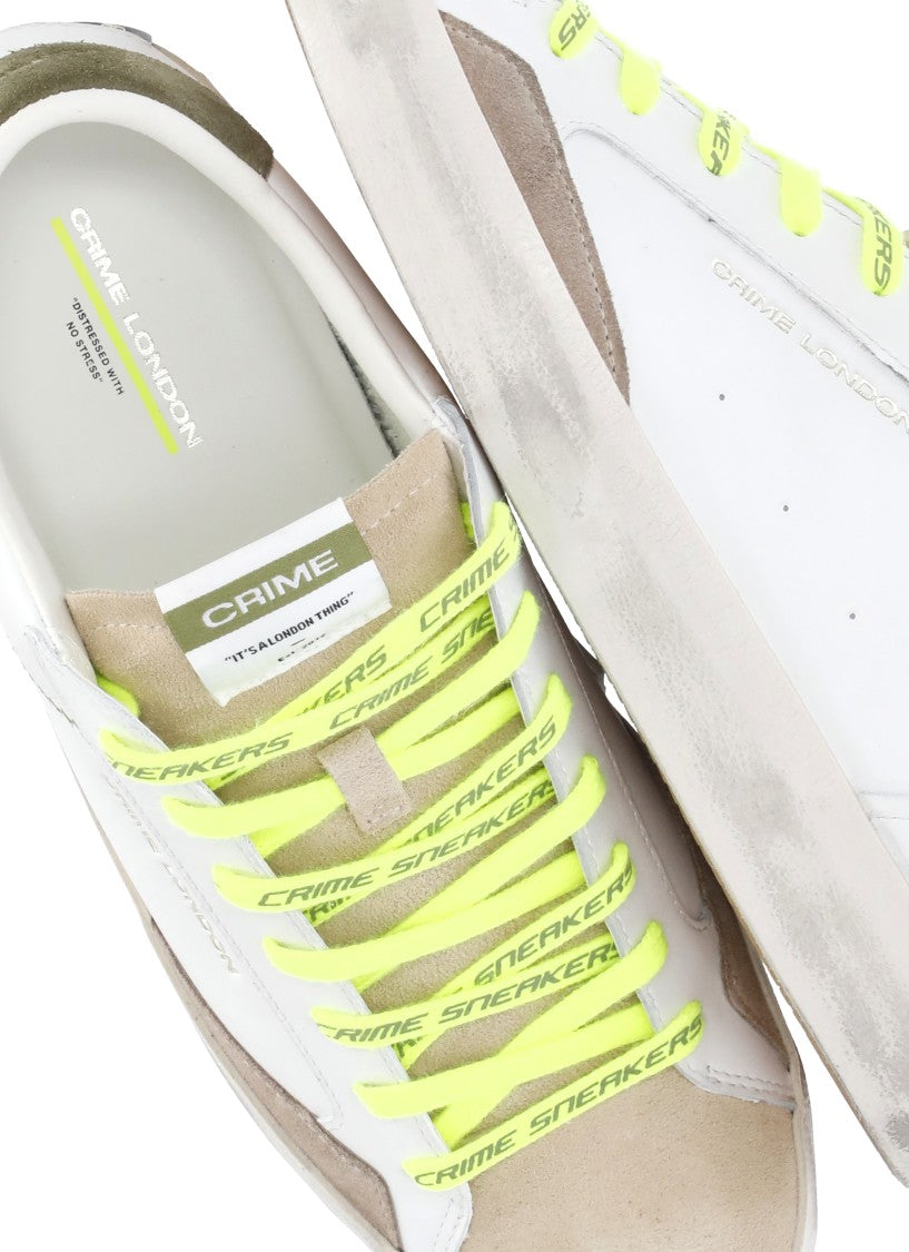 Crime London Ivory Distressed Green Detail Leather Sneakers