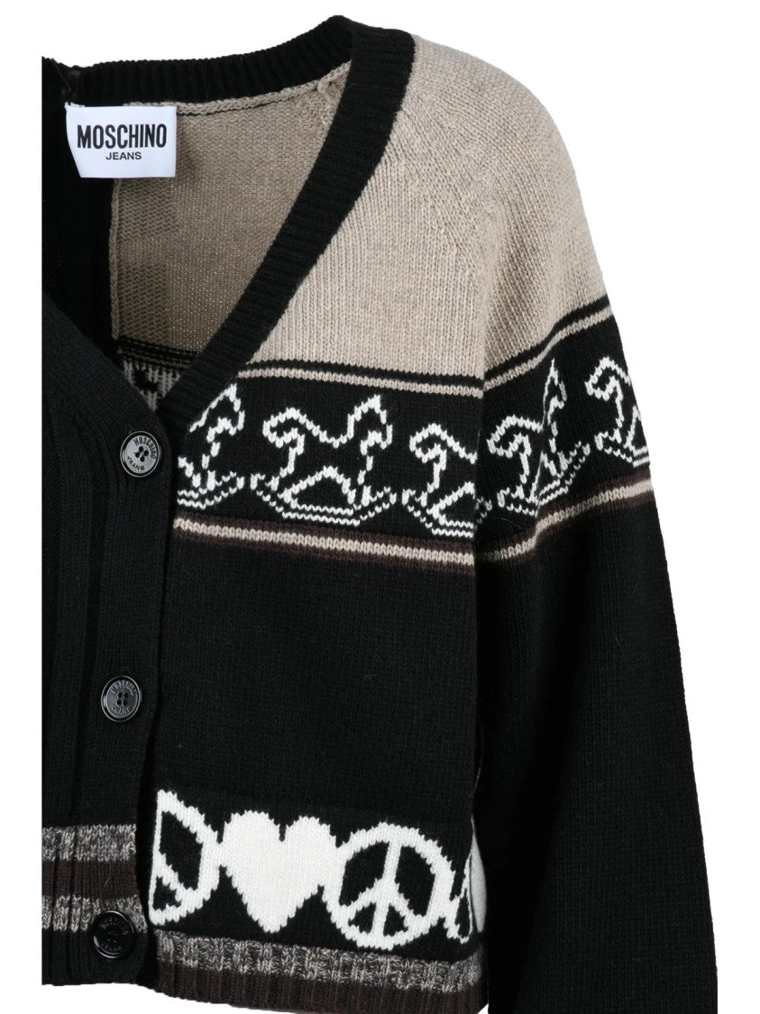 Mo5ch1no Jeans Black-Beige Wool-Blend Short Cardigan