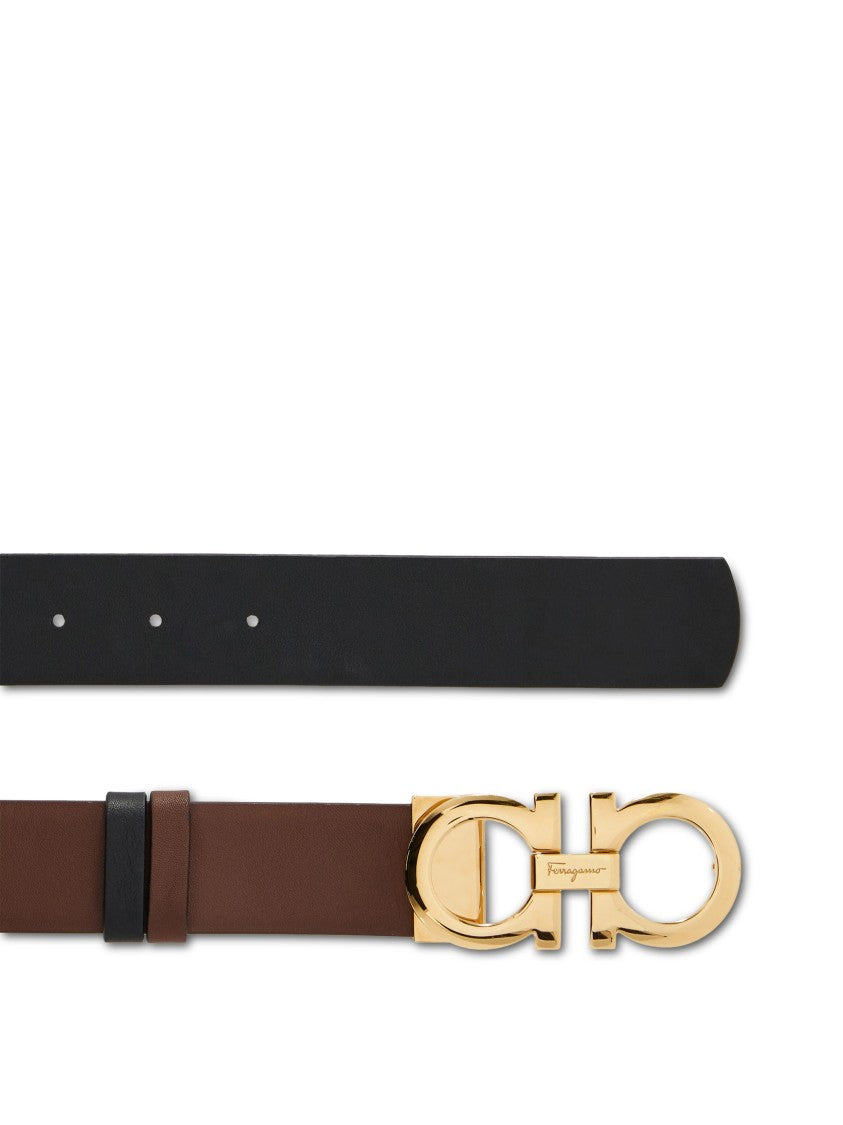 Ferragamo Brown Leather Belt With Gold-Tone Double Gancini Buckle