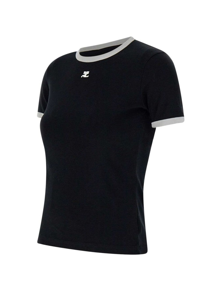 Courrèges Embroidered Black Cotton Crew Neck T-Shirt