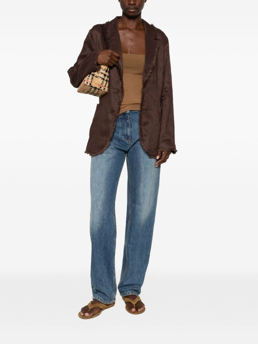 Parosh Brown Textured Linen Notched Collar Relaxed-Fit Blazer