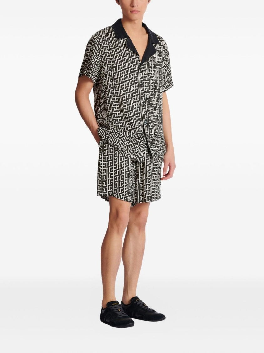Balmain Black Monogram Button Short Sleeve Shirt