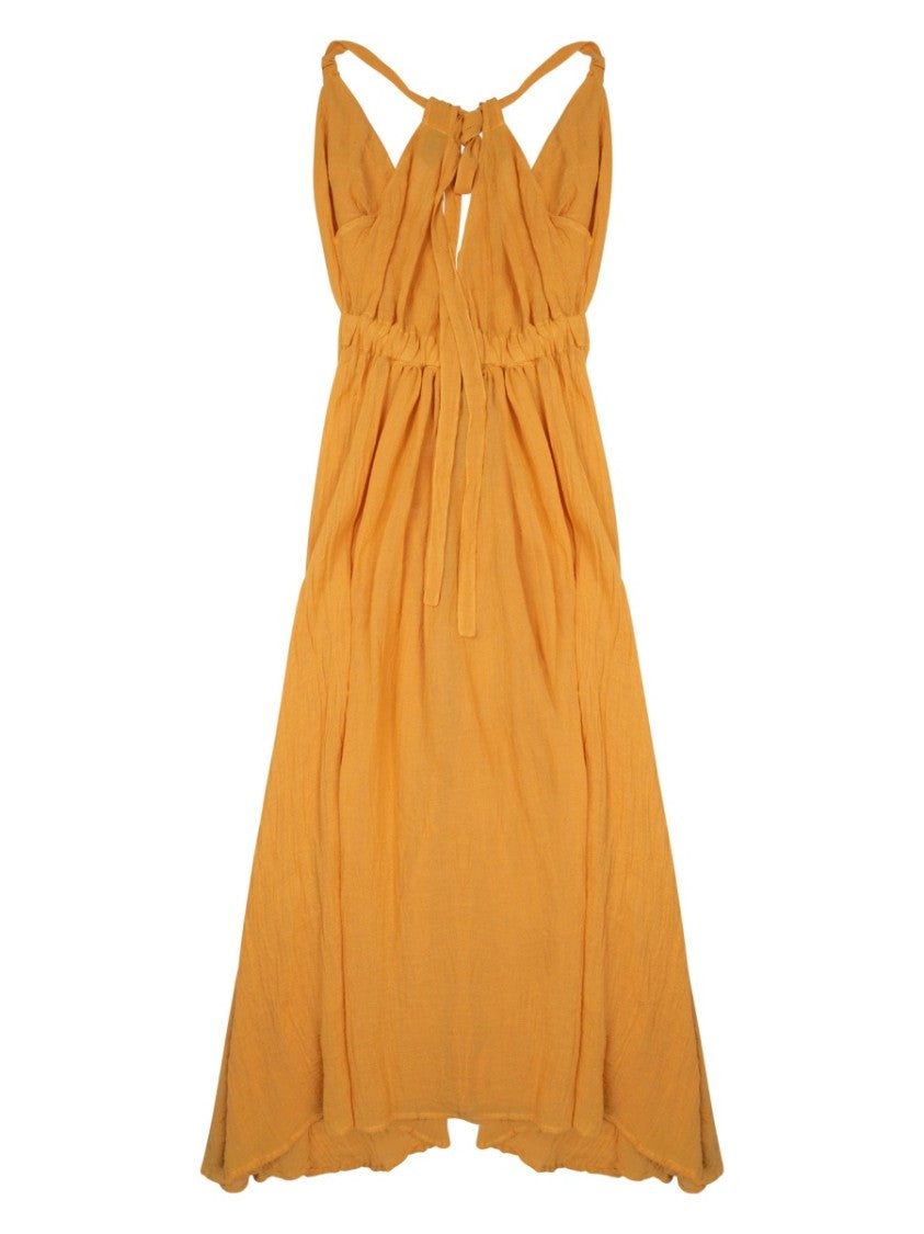 120% Lino Sleeveless Midi Dress With Gathered Waist And V-Neckline