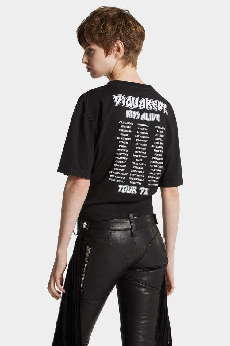 Dsquared2 Black Kiss X D2 Rhinestone Logo Cropped Cotton T-Shirt
