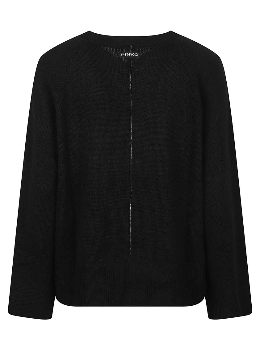 Pinko Valencia Cropped Black Vertical Seam V-Neck Sweater