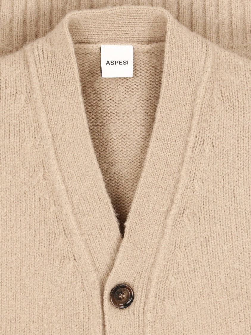 Aspesi Beige Wool V-Neck Pocketed Cardigan