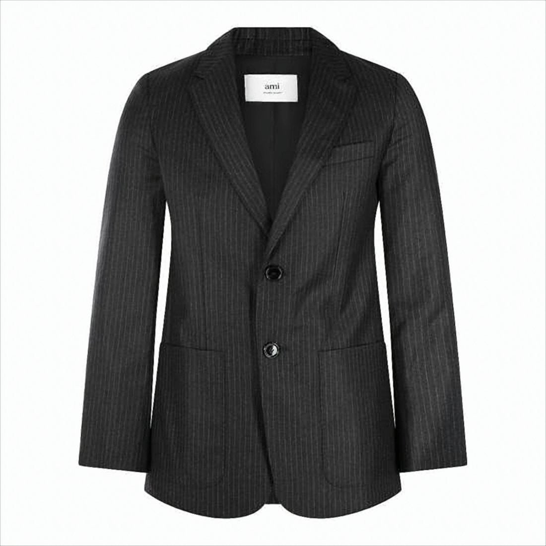 Ami Pinstripe Tailored Suit Jacket With Classic Notch Lapel