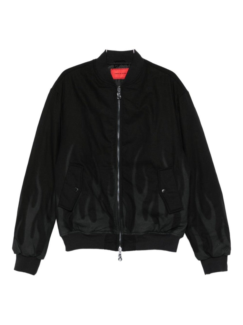 Vision Of Super Innovative Black Bomber Jacket With Flame Detailing