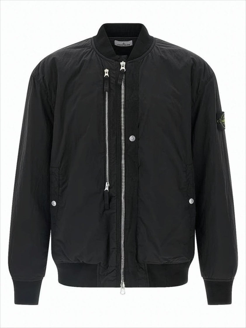 Stone Island Black Bomber Jacket With Ribbed Finishing
