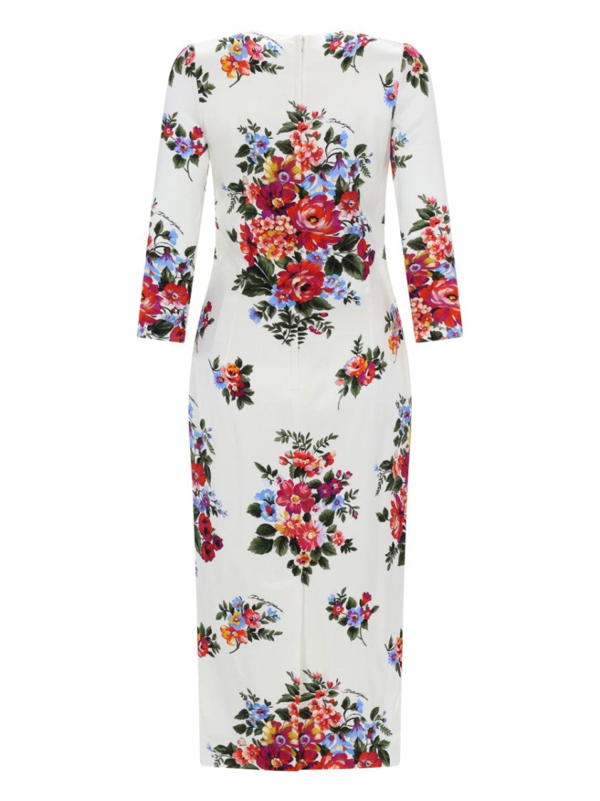 Dolce & Gabbana White Floral Print Fitted Viscose Midi Dress