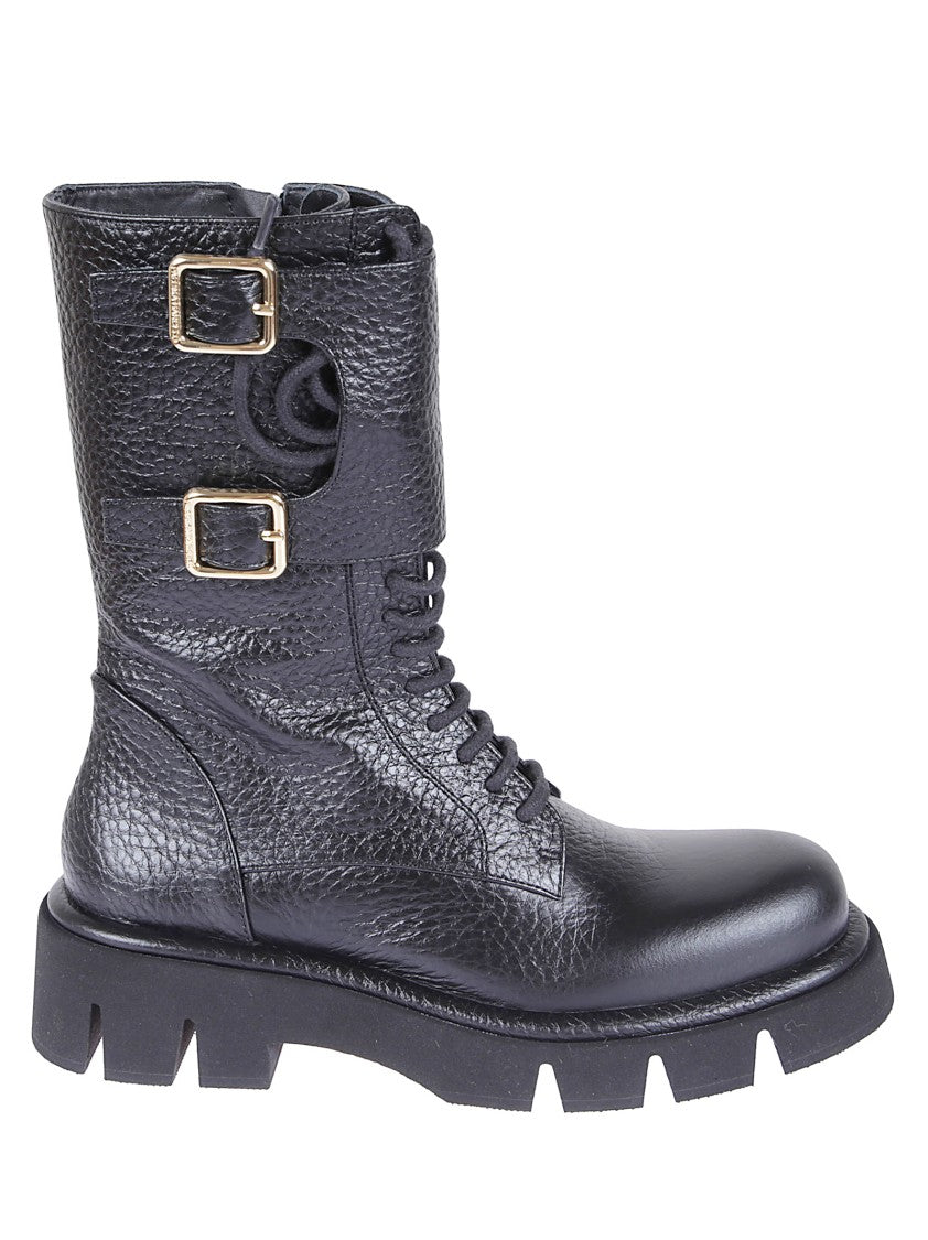 Paloma Barceló Hammered Leather Combat Boots With Side Zip And Buckle Straps