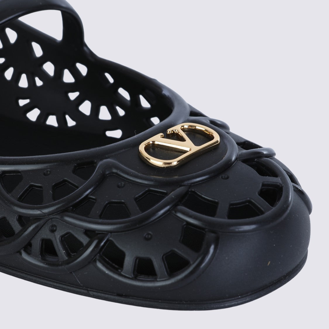 Valentino Garavani Matte Finish Black Flats With Scalloped Cut-Out Design