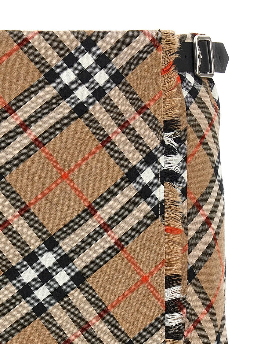 Burberry Mini Kilt Skirt With Check And Fringed Hem