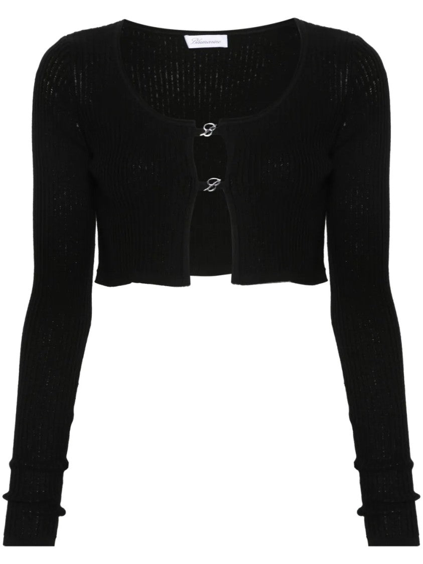 Blumarine Ribbed Knit Black Cardigan With Scoop Neckline