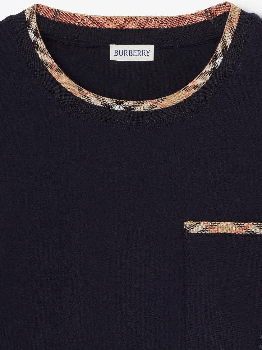 Burberry Solid Black T-Shirt With Checkered Trim Details