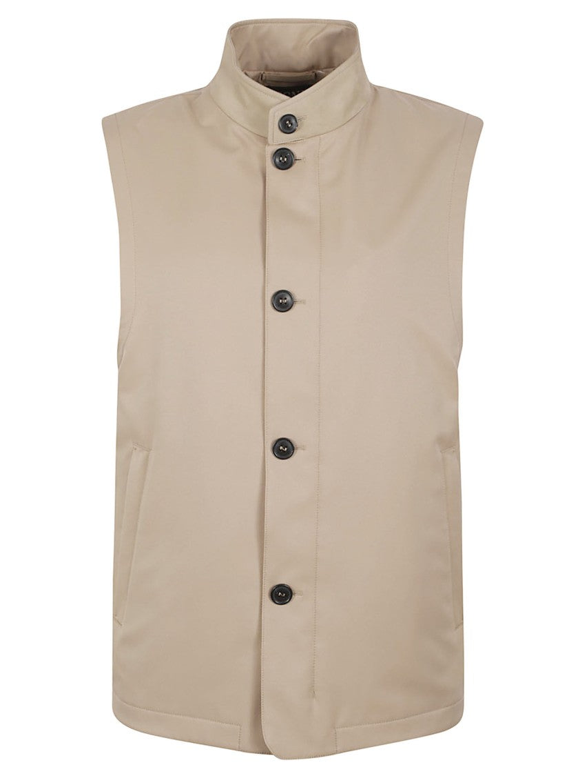 Zegna Sleeveless High Stand Collar Jacket With Button Closure