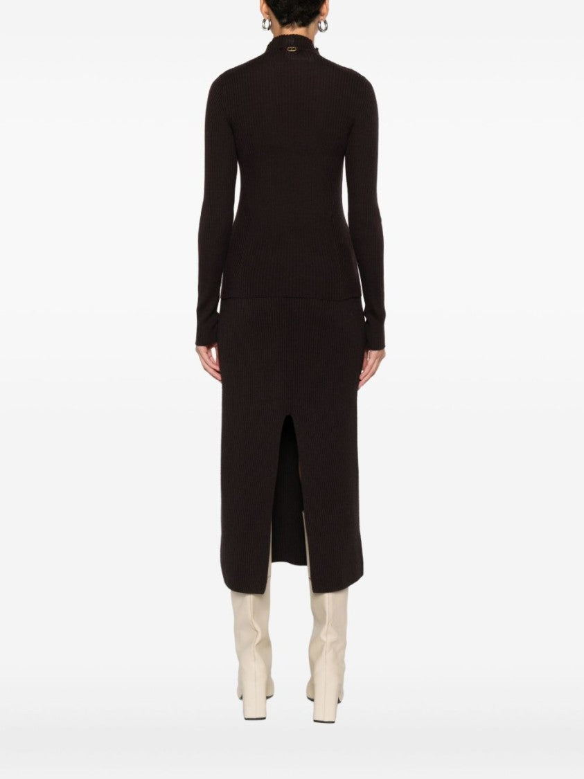 Twin-Set Fitted Brown Ribbed Knit Sweater