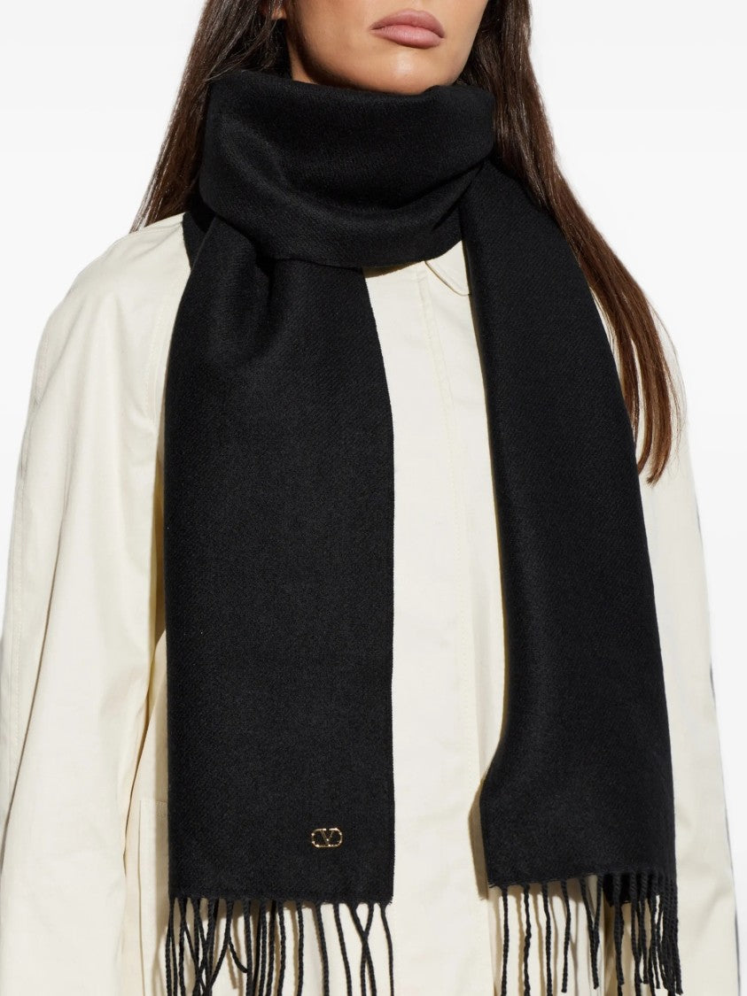 Valentino Fringed Black Cashmere Scarf With Gold-Tone Detail