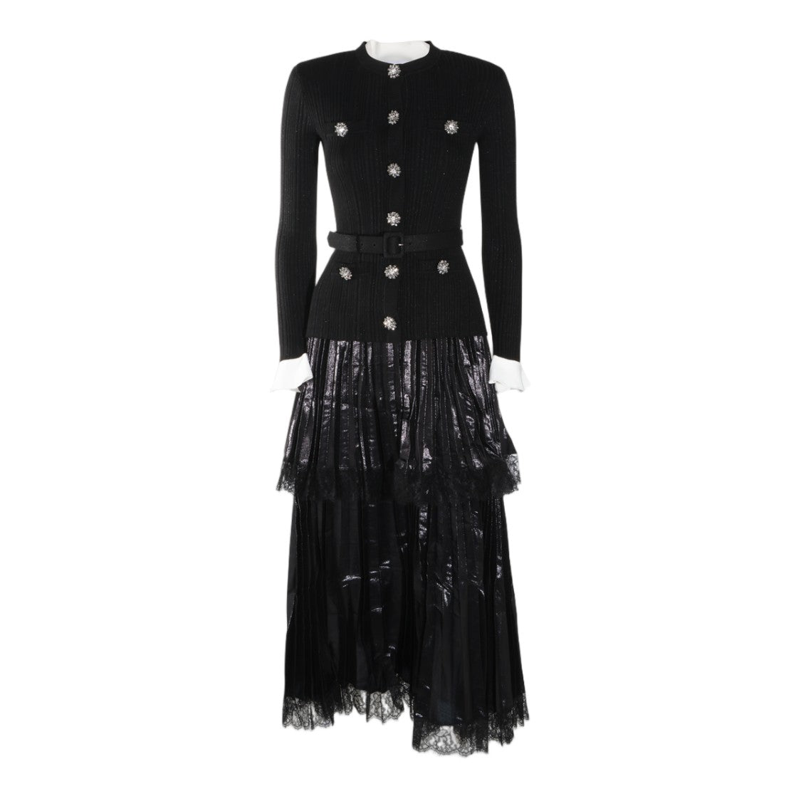 Self-Portrait Fitted Ribbed Knit Pleated Jewel Button Midi Dress