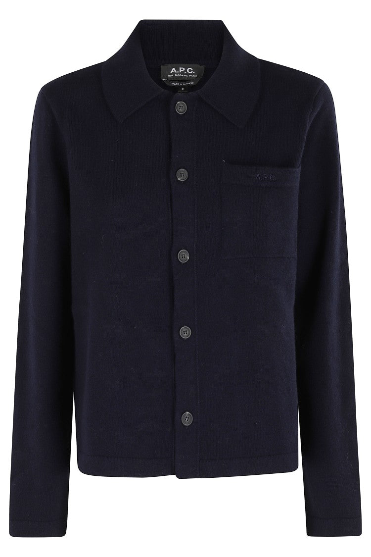 A.P.C. Navy Blue Wool Cardigan With Classic Collar