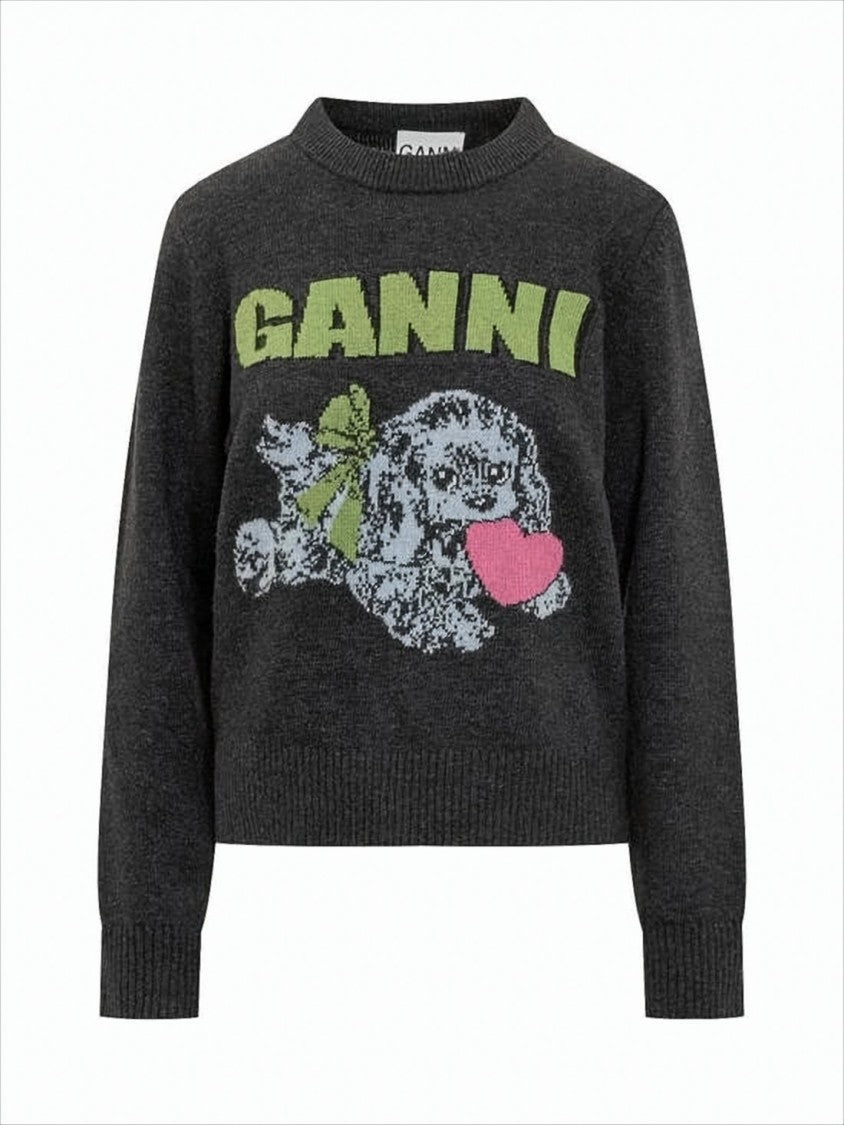Ganni Graphic Knit Sweater With Playful Dog Motif