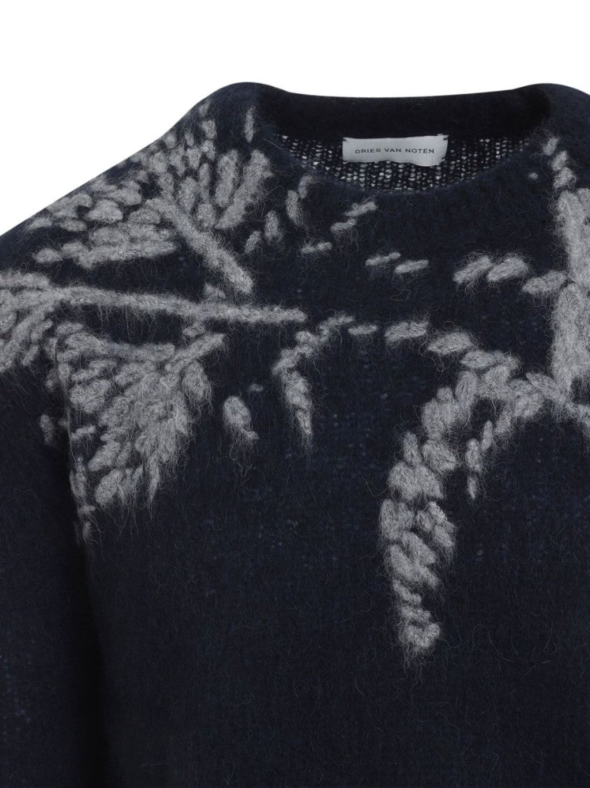 Dries Van Noten Navy Blue Wool Blend Floral Sweater