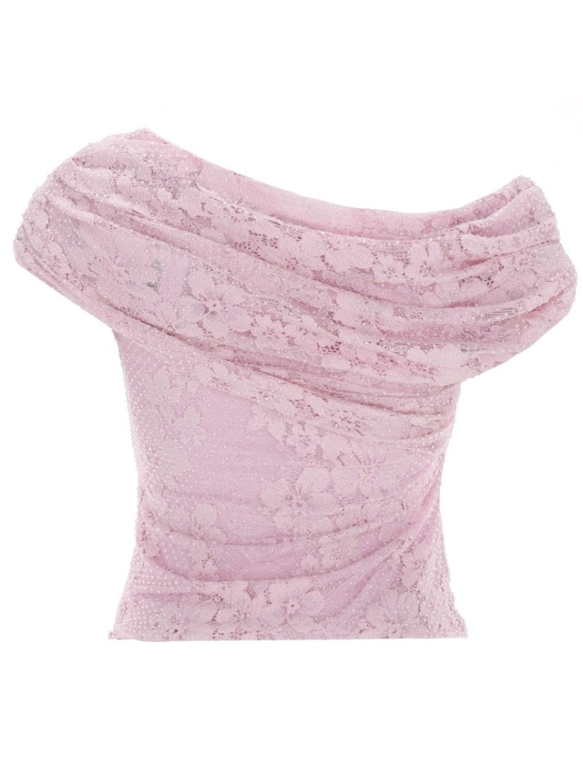 Self-Portrait Neutrals Off-Shoulder Sheer Floral Lace Top