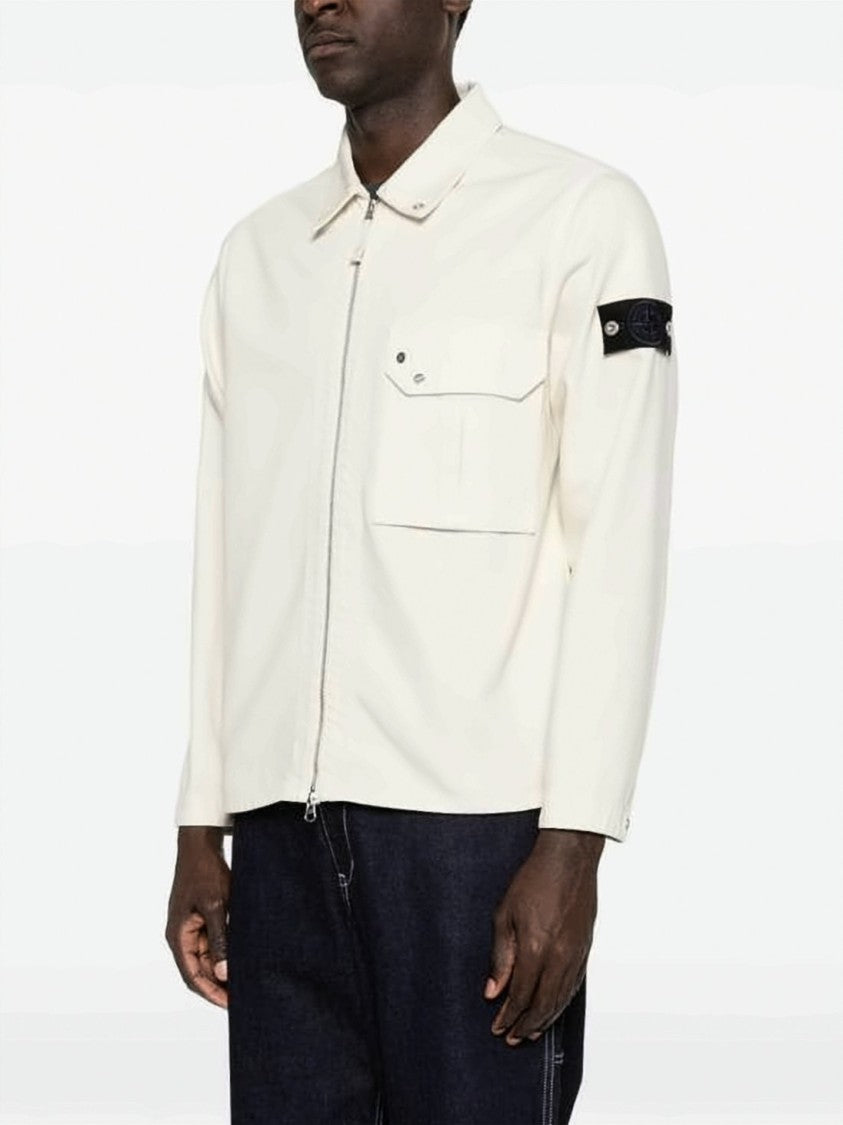 Stone Island White Cotton Jacket With Flap Pocket