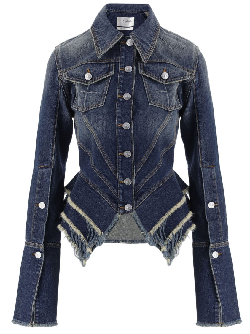 Matieres Fecales Cotton Denim Jacket With Fringed Peplum Hem