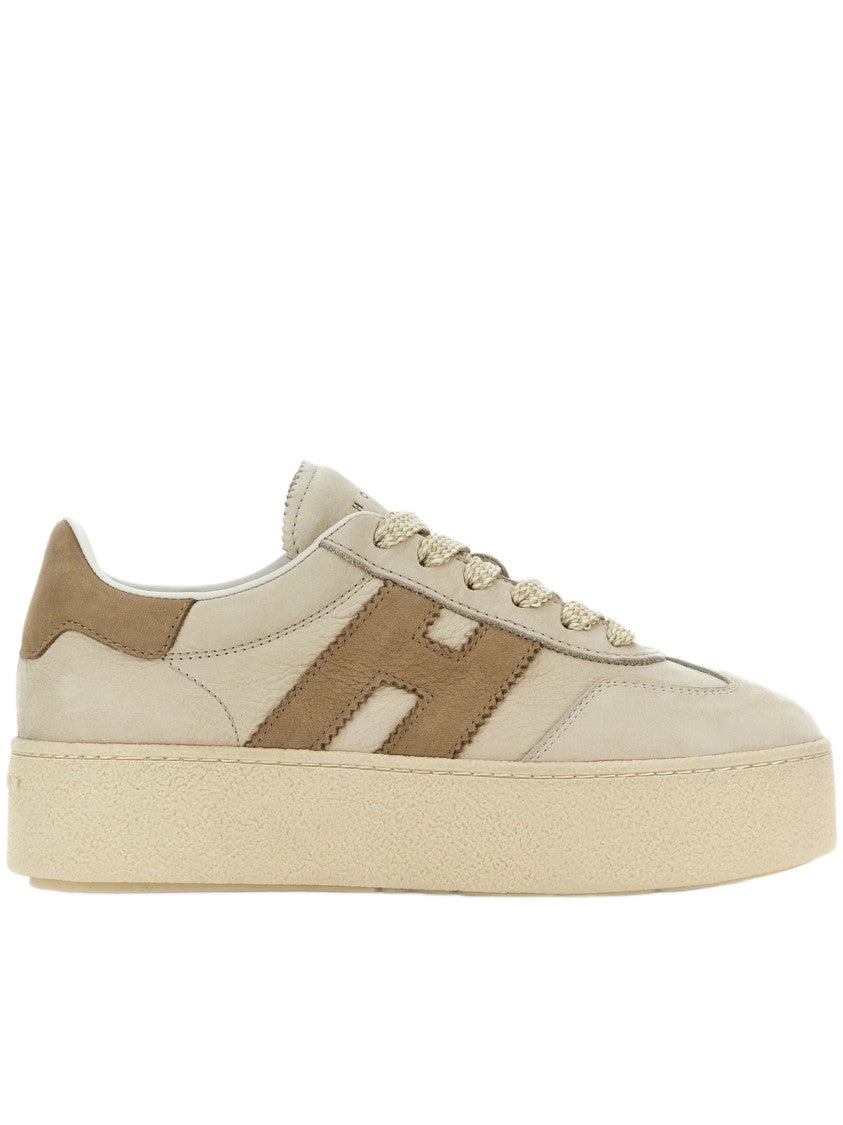 Hogan Beige Leather Platform Sneakers With Suede Accents And Iconic Logo