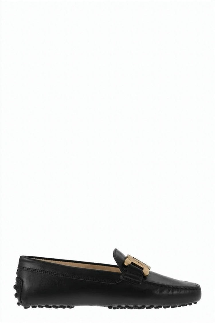 Tod's Black Leather Loafers With Gold-Tone Chain Detail