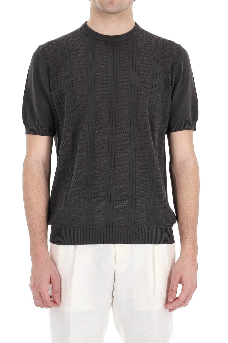 Drumohr Textured Black Knit T-Shirt With Ribbed Details