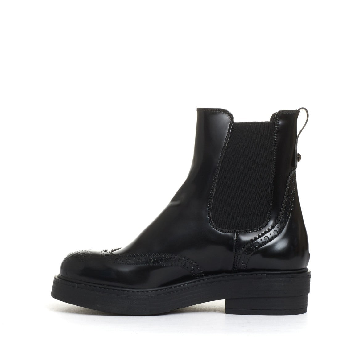 Strategia Black Leather Ankle Boots with Brogue Detailing
