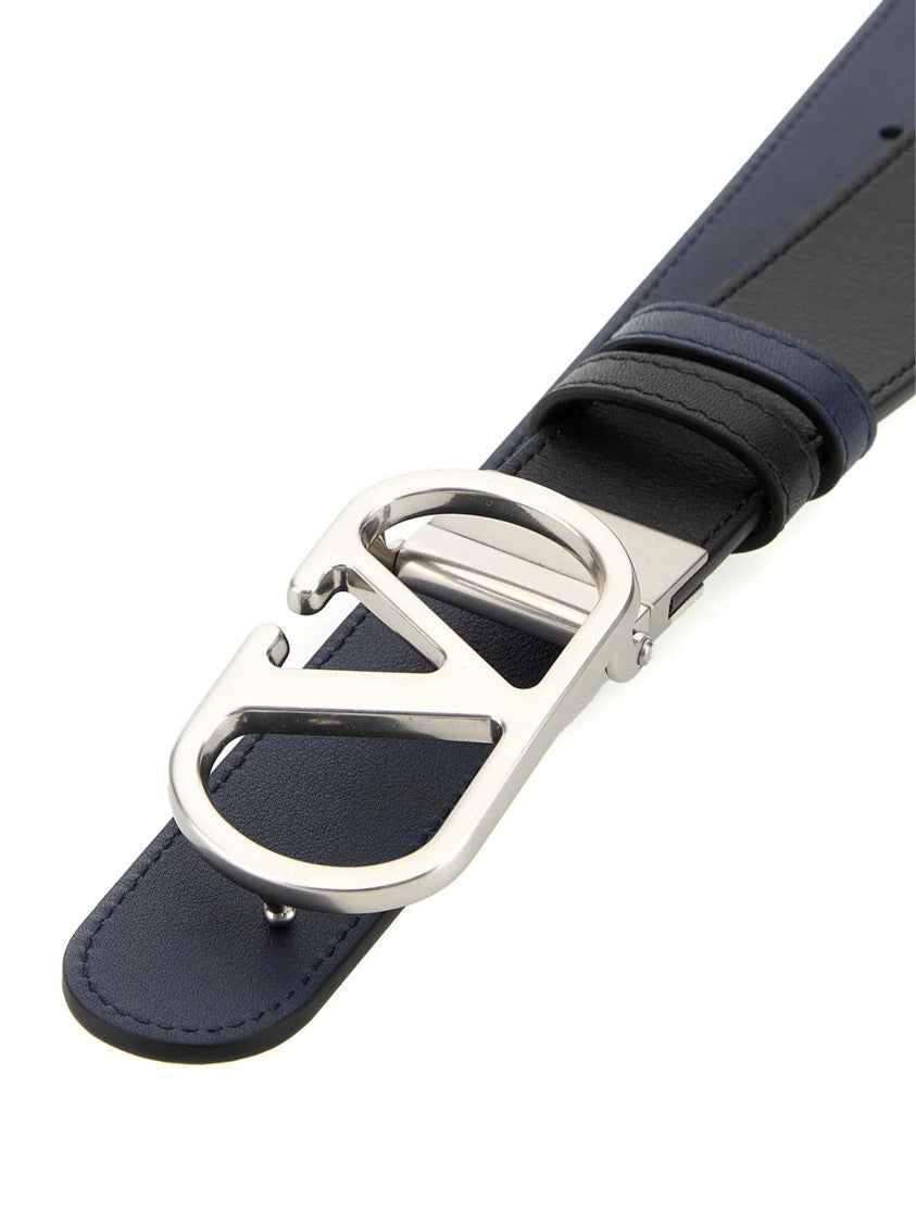 Valentino Black/Navy Reversible Leather V-Buckle Belt