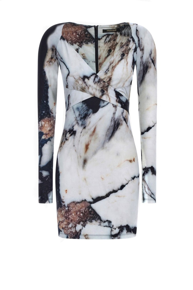 Roberto Cavalli White Polyamide-Elastane Marble-Print Bodycon Dress