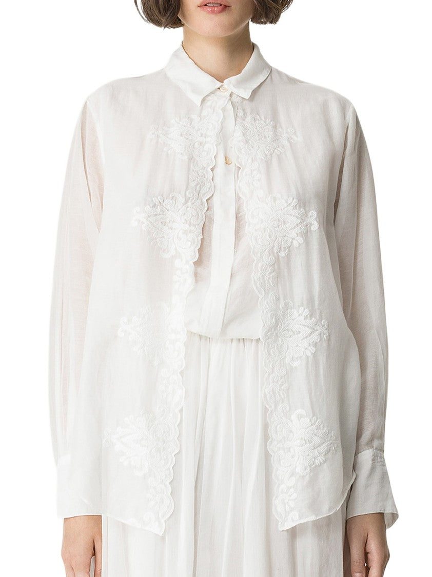 Forte Forte Long-Sleeved White Shirt With Intricate Embroidery
