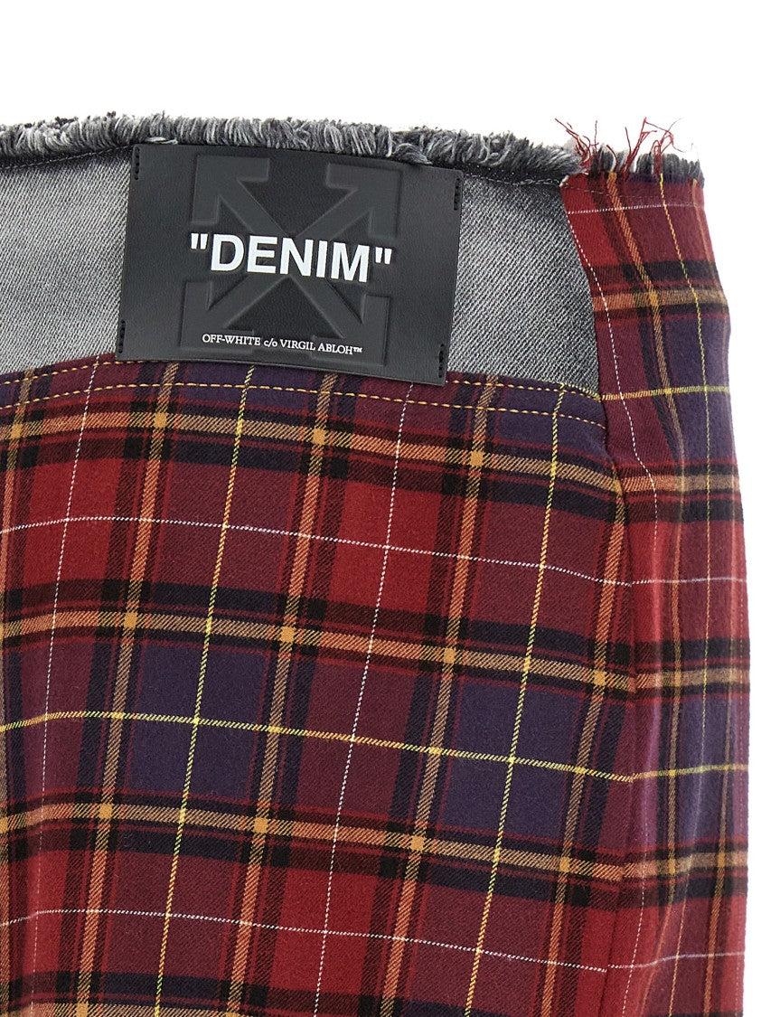 Off-White Patchwork Midi Skirt With Stonewashed Cotton Front And Checked Back Panel