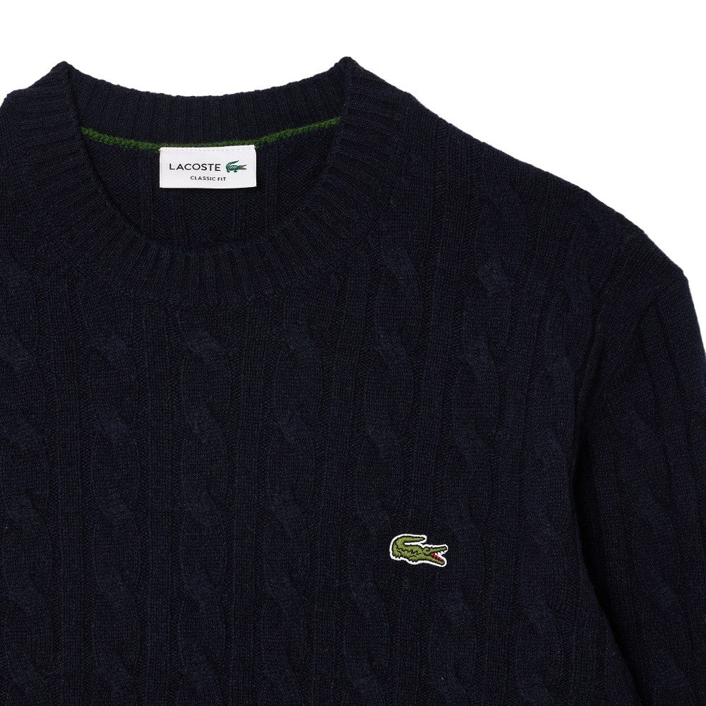 Lacoste Classic Cable Knit Pullover In Rich Blue Wool