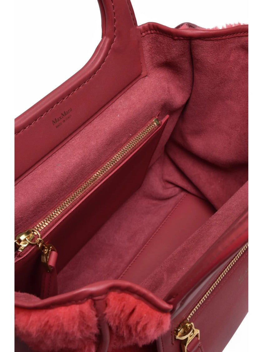 Max Mara Structured Red Leather Shoulder Bag With Plush Shearling Detailing