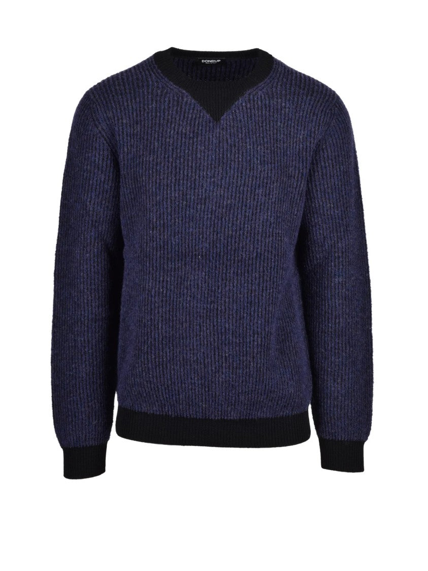 Dondup Deep Blue Ribbed Trims Wool-Blend Crewneck Sweater