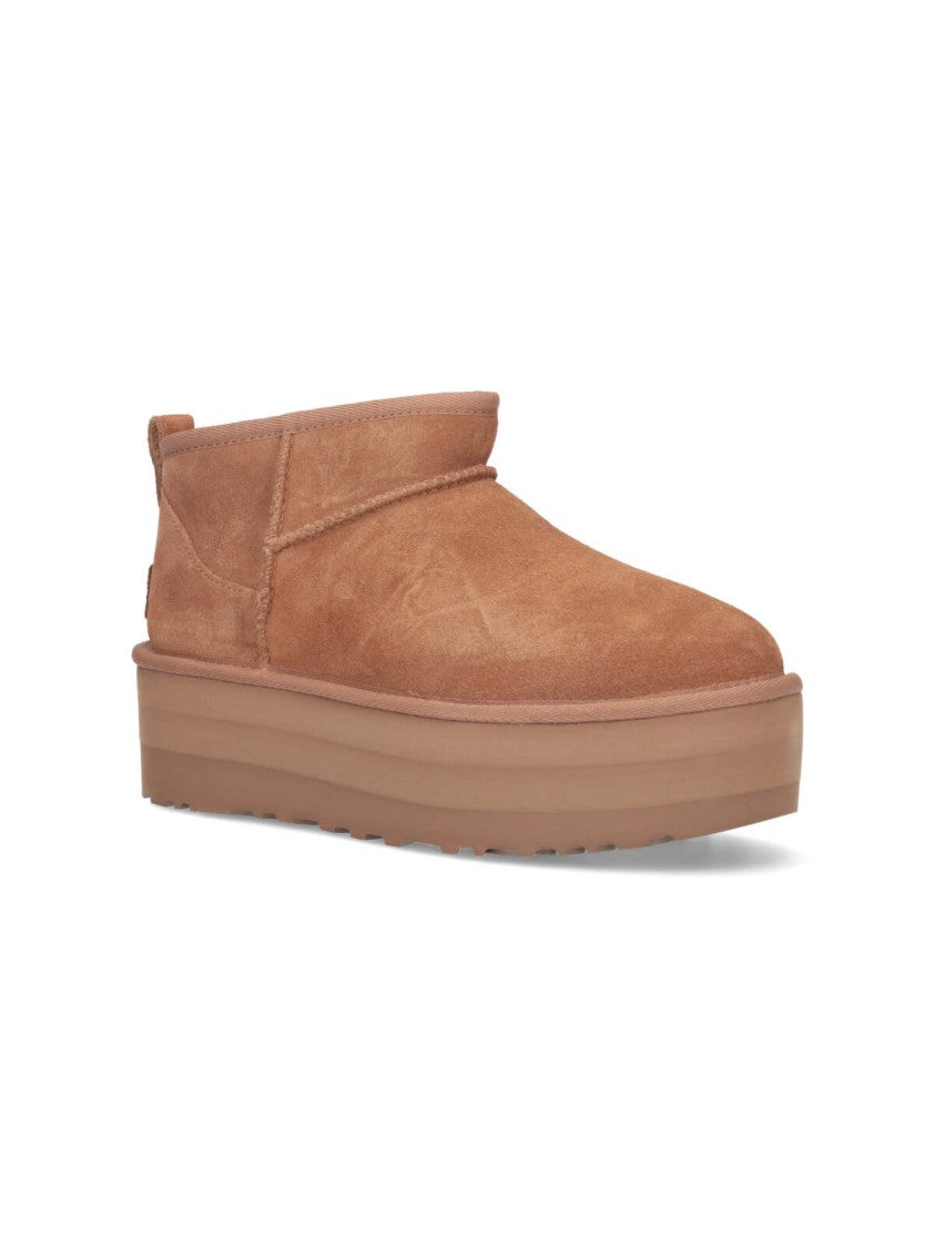 Ugg Beige Classic Ultra Mini Suede Shearling Platform Boots