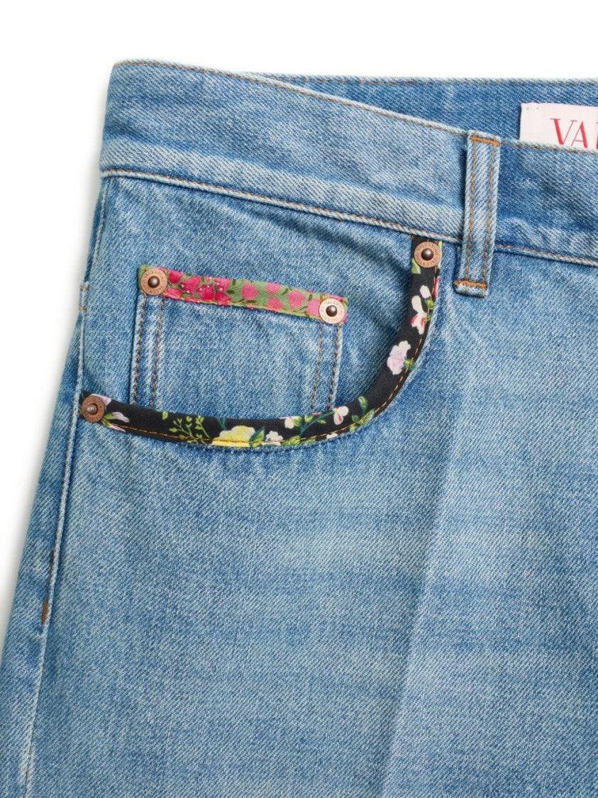 Valentino Garavani Wide-Leg Jeans Crafted With Floral Print Fabric Trim