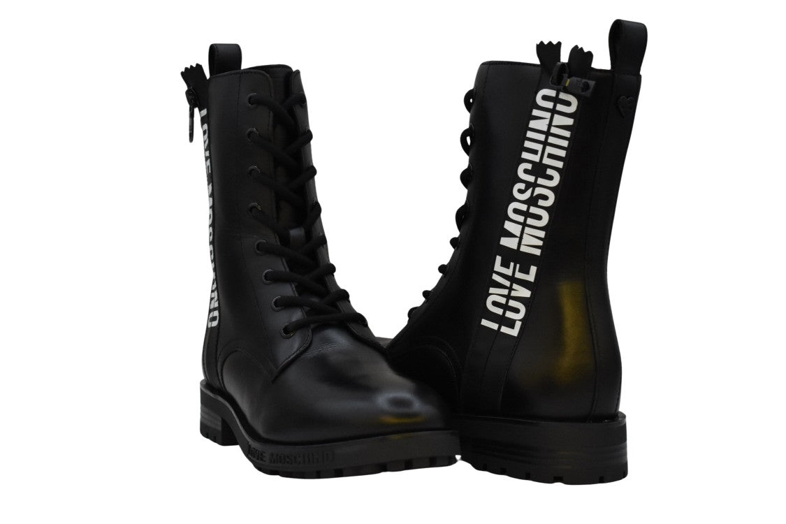Moschino Lace-Up Black Flat Boots With Sole