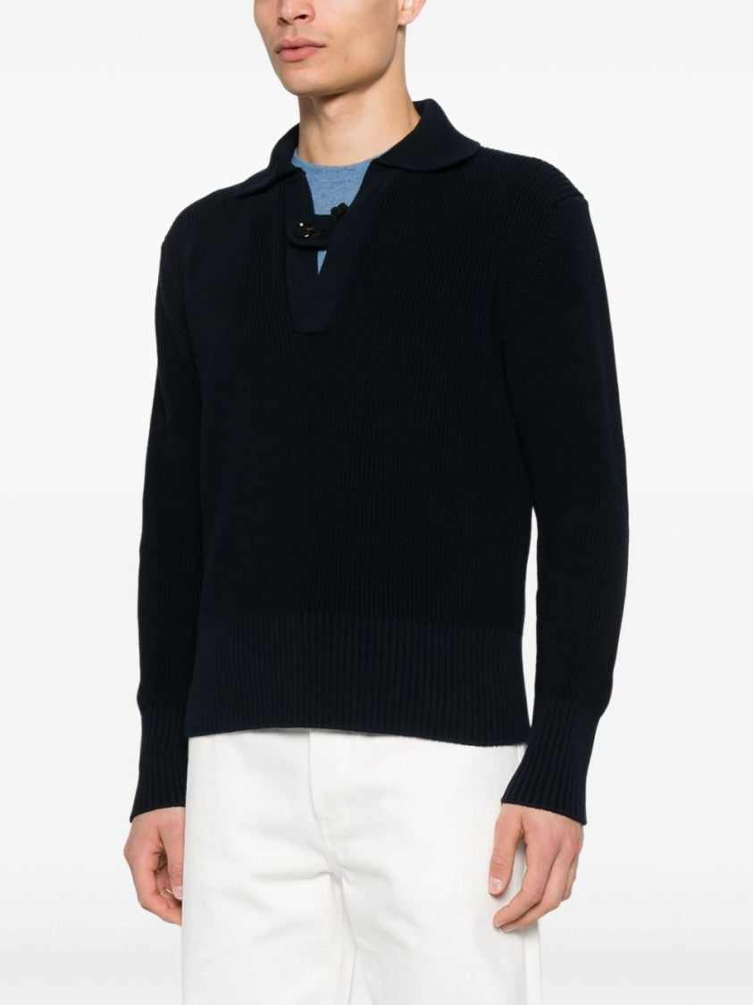 Lardini Button-Closure Black Cotton Sweater With Ribbed Texture