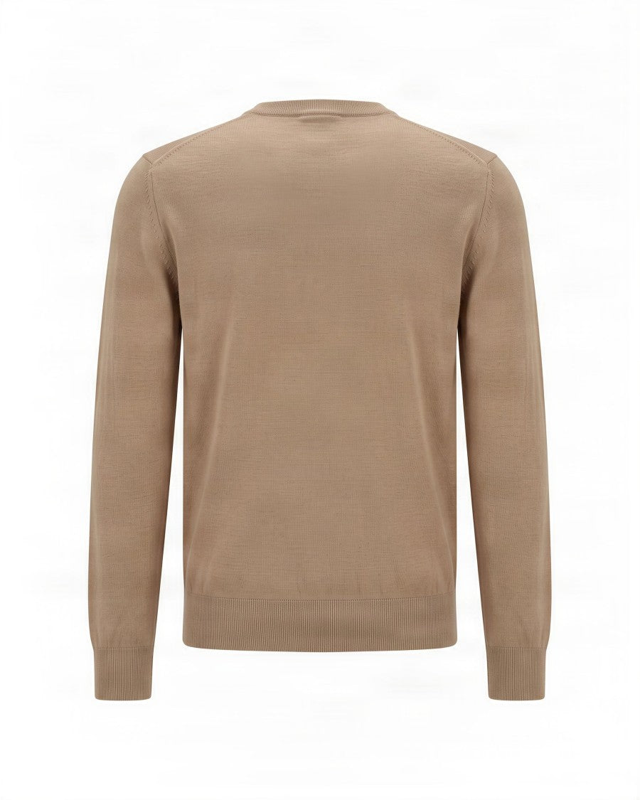 Boss Medium Beige Logo Embroidered Virgin Wool Sweater