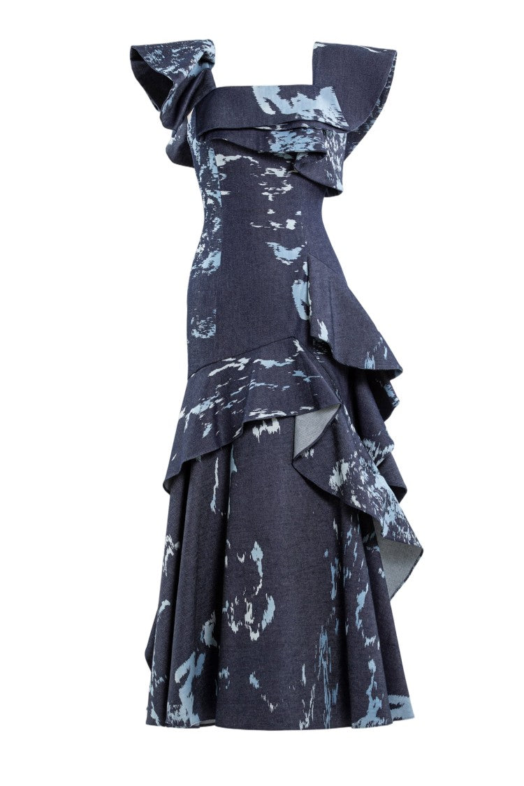 Saiid Kobeisy Layered Printed Denim Midi Dress